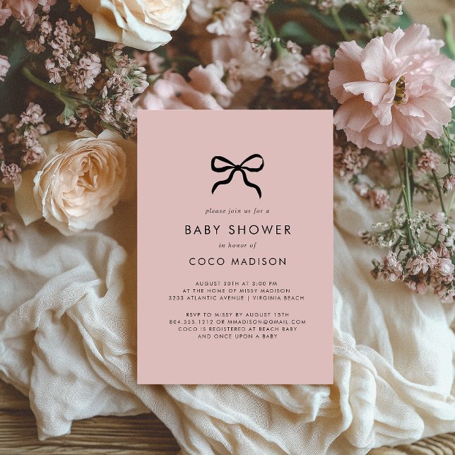 Invitación de Cumpleaños para Baby Shower de Niña  (Elegant Minimal Bow Baby Shower Invitation - Blush Pink)