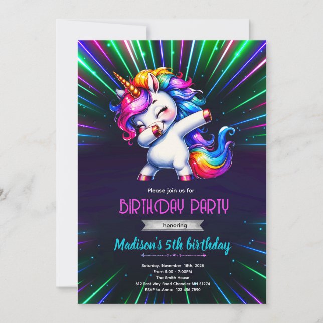 Invitación de cumpleaños para bailar con unicornio (Anverso)
