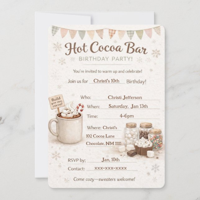 Invitación de cumpleaños para barra de cacao calie (Anverso)