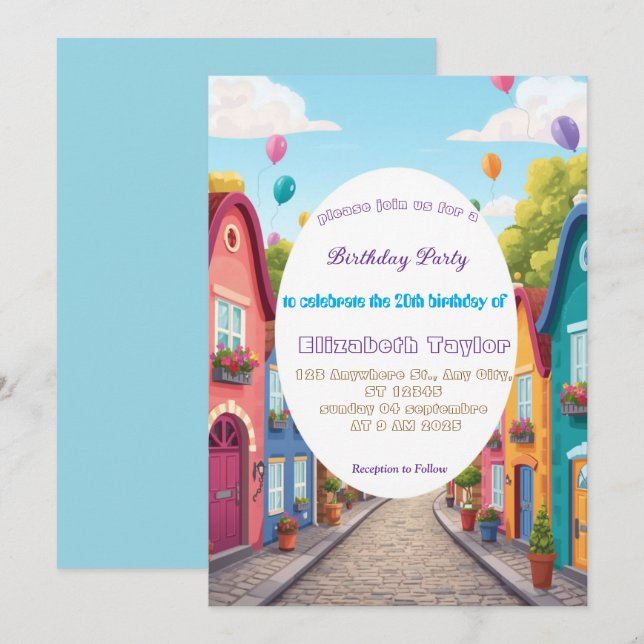 Invitación de cumpleaños para barrio colorido   (Anverso / Reverso)