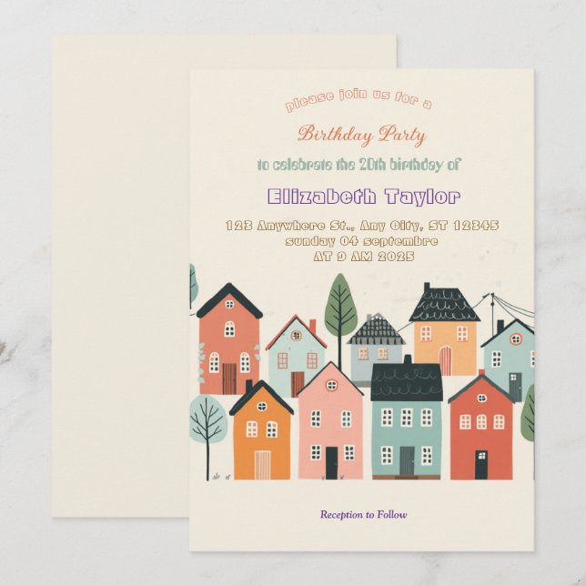 Invitación de cumpleaños para barrio colorido   (Anverso / Reverso)