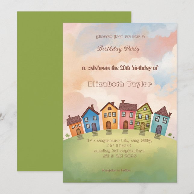 Invitación de cumpleaños para barrio colorido   (Anverso / Reverso)