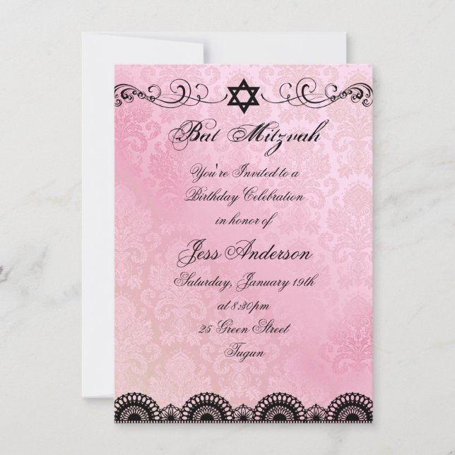 Invitación de cumpleaños para Bat Mitzvah de encaj (Anverso)