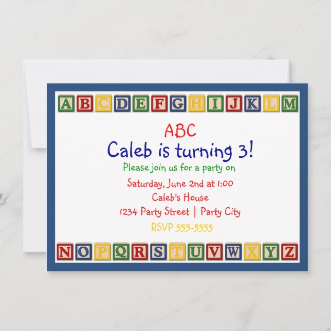 Invitación de cumpleaños para bebé ABC Alphabet Bl (Anverso)