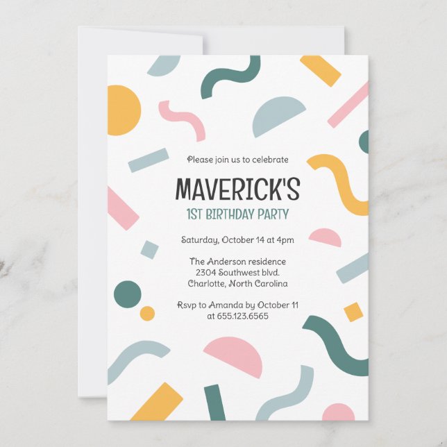 Invitación de cumpleaños para bebé con formas abst (Anverso)