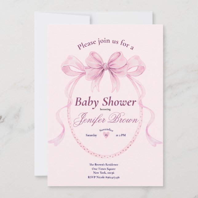 Invitación de Cumpleaños para Bebé Niña con Lazo R (Anverso)