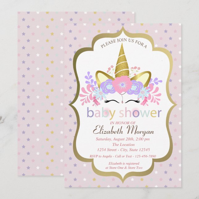 Invitación de Cumpleaños para Bebé, Unicornio Lind (Anverso / Reverso)