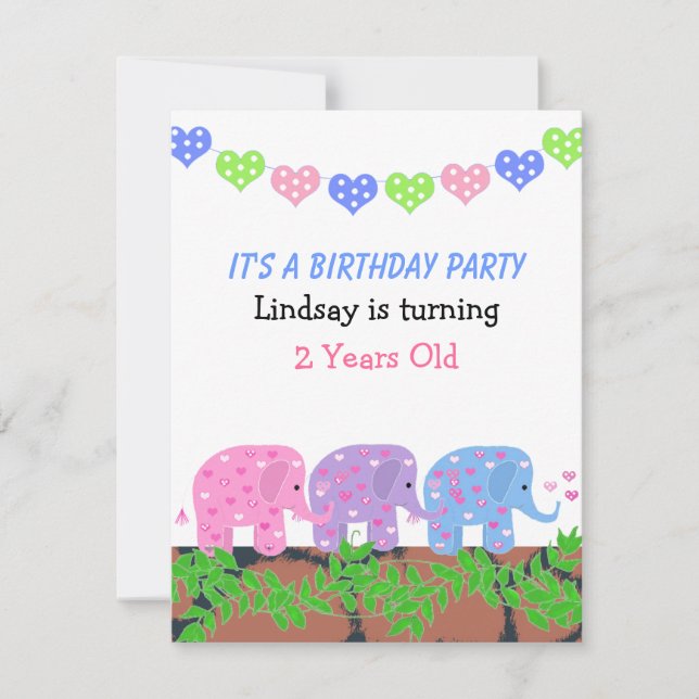Invitación de cumpleaños para bebés elefantes (Anverso)