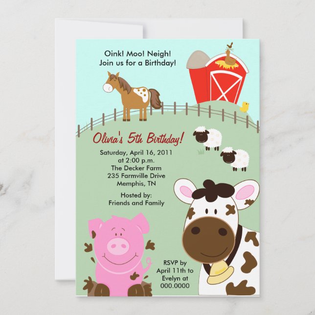 Invitación de cumpleaños para bebés granjeros Barn (Anverso)