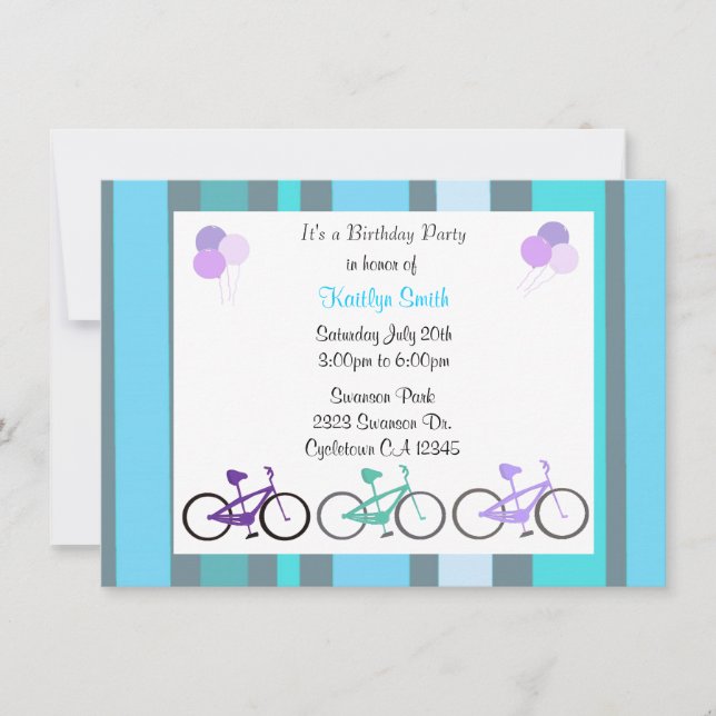 Invitación de cumpleaños para bicicletas lindas (Anverso)