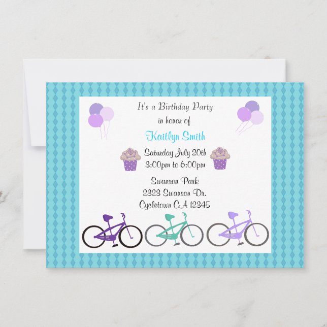 Invitación de cumpleaños para bicicletas lindas (Anverso)