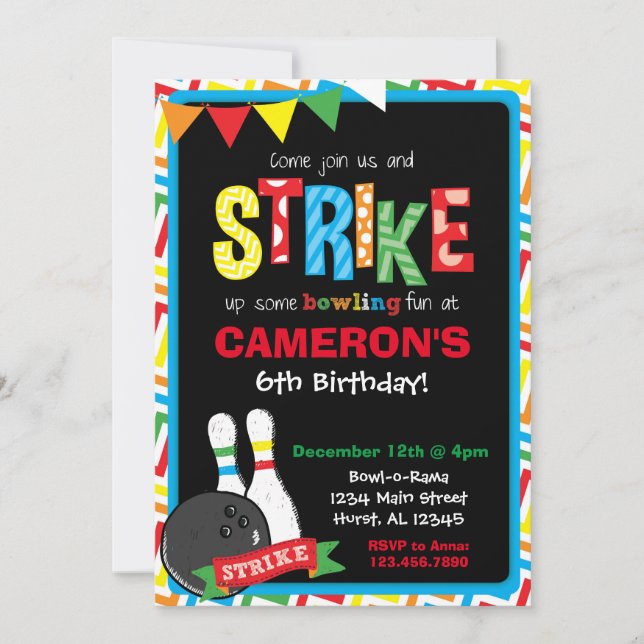 Invitación de cumpleaños para bolos, boliche (Anverso)
