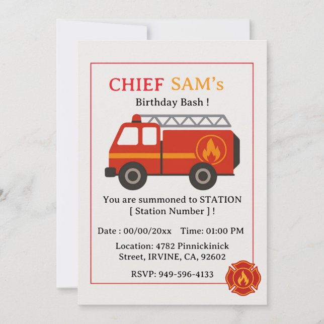 Invitación de cumpleaños para bombero (Anverso)