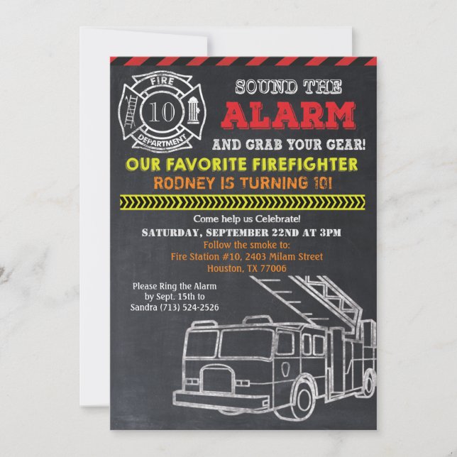 Invitación de cumpleaños para bombero bombero (Anverso)