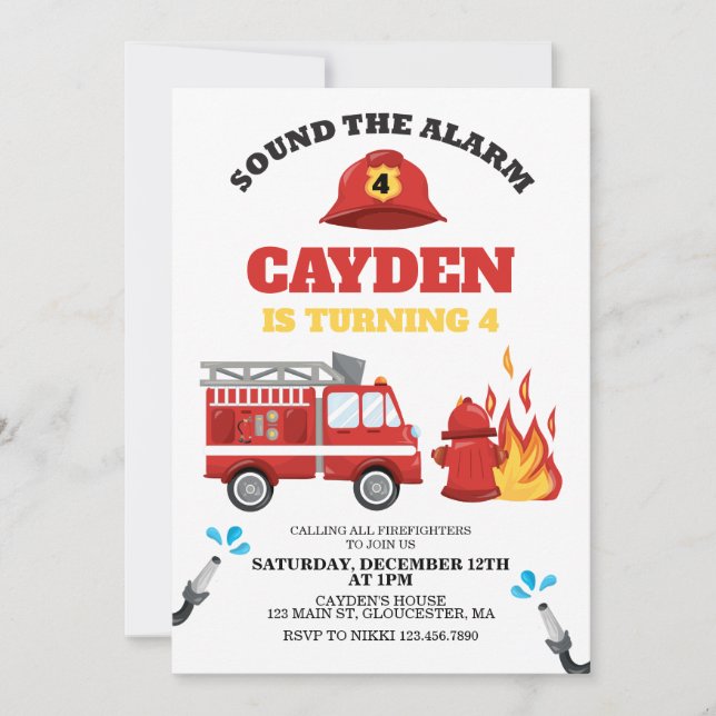 Invitación de cumpleaños para bomberos de camión d (Anverso)