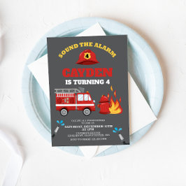 Invitación de cumpleaños para bomberos de camión d