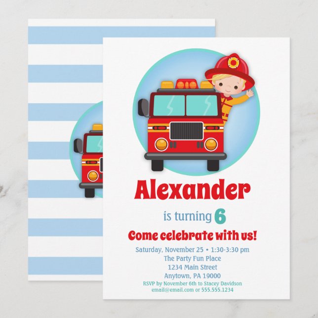 Invitación de cumpleaños para bomberos de pelo rub (Anverso / Reverso)