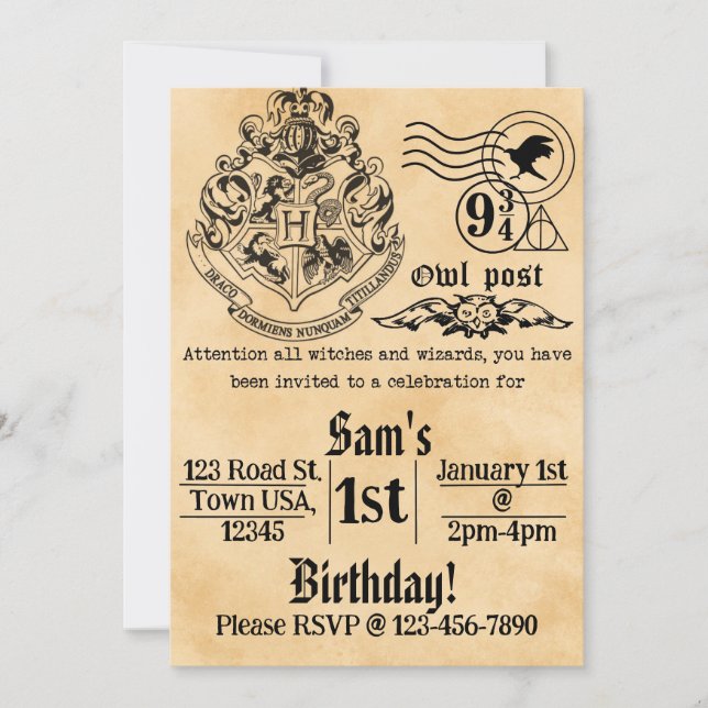 Invitación de cumpleaños para brujas y magos (Anverso)