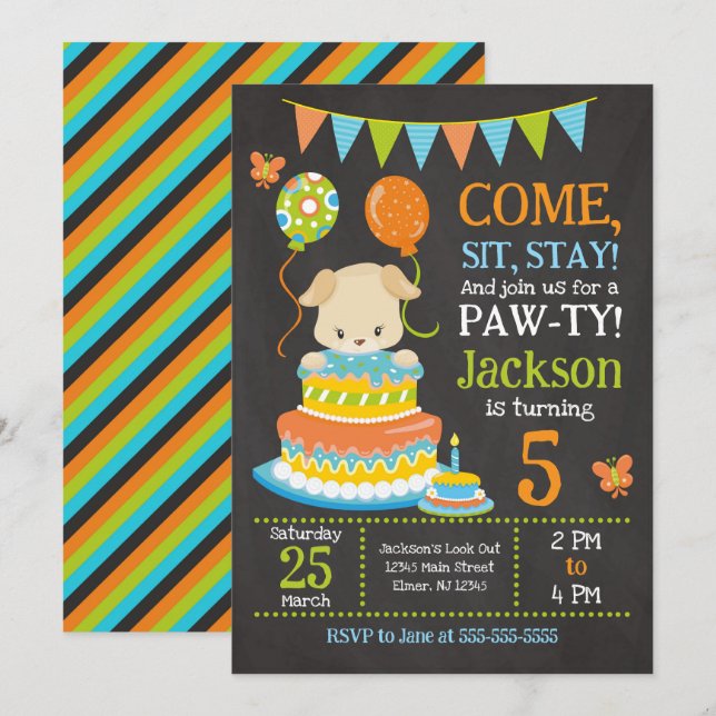 Invitación de cumpleaños para cachorro Fiesta de P (Anverso / Reverso)