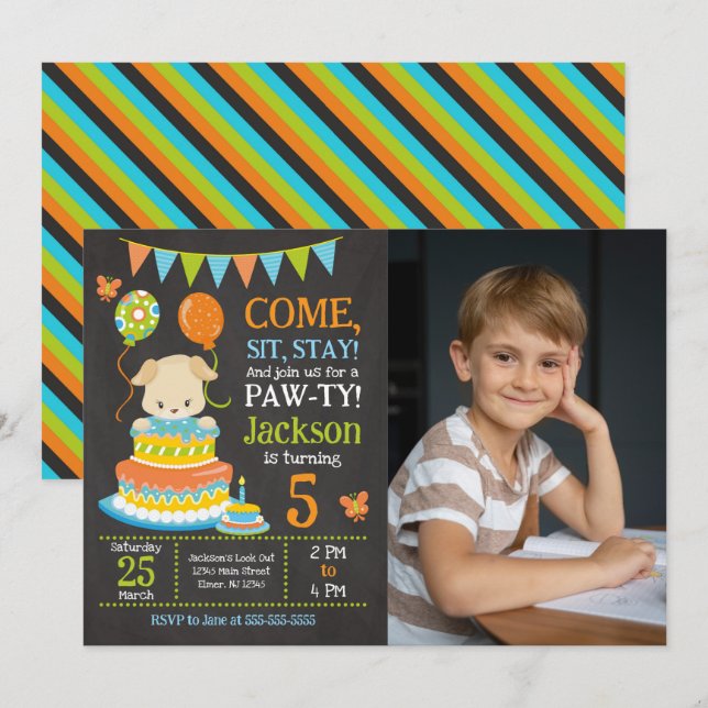 Invitación de Cumpleaños para Cachorro Niño Fiesta (Anverso / Reverso)