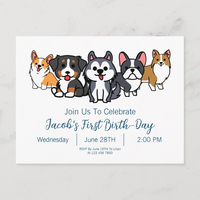 Invitación de Cumpleaños para Cachorros de Perro P (Anverso)