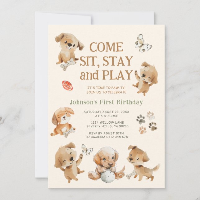 Invitación de cumpleaños para cachorros Pawty (Anverso)