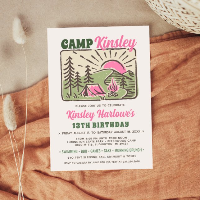Invitación de cumpleaños para campamento de fin de (Retro Girly Weekend Camp Birthday Invitation)