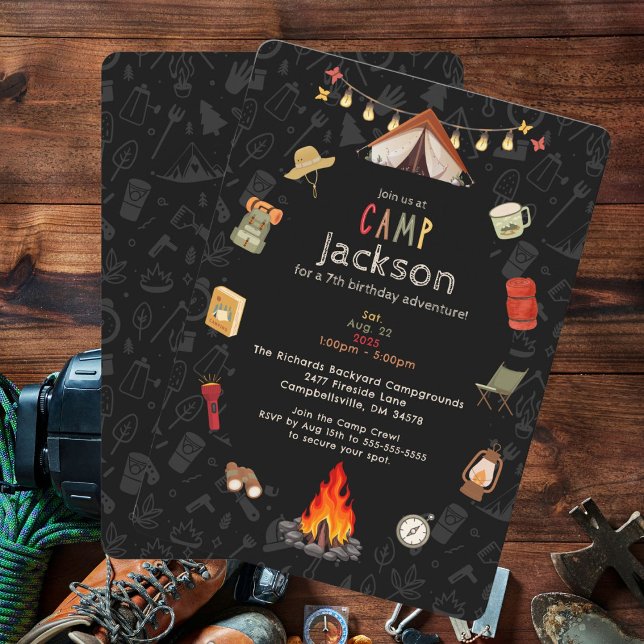 Invitación de cumpleaños para camping de niños (Enjoy an unforgettable camp birthday party with this fun invitation template.)