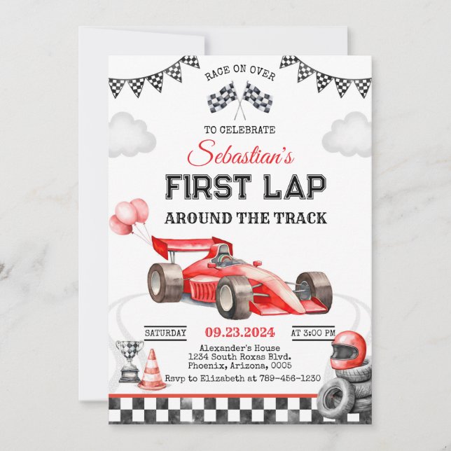 Invitación de cumpleaños para carreras de autos (Anverso)