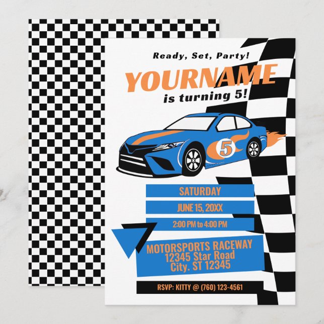 Invitación de cumpleaños para carreras de autos (A (Anverso / Reverso)