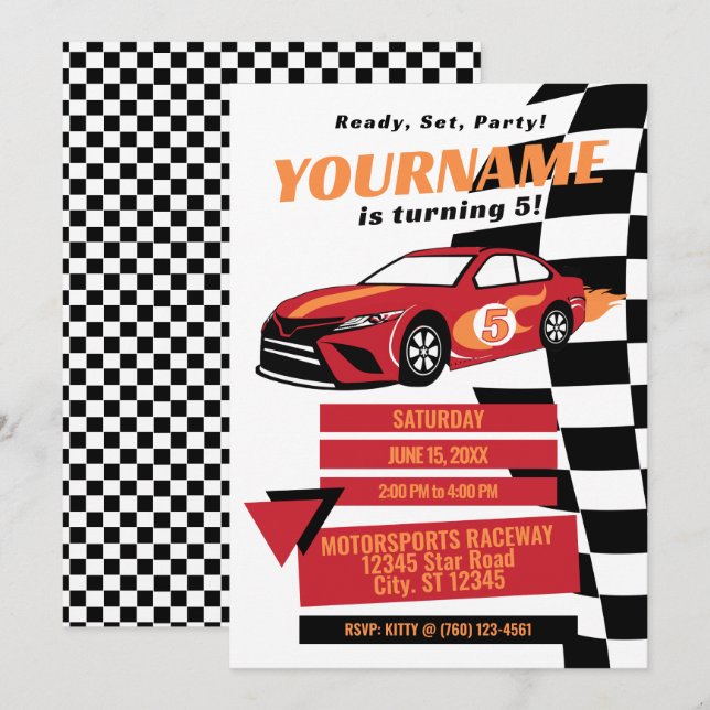 Invitación de cumpleaños para carreras de autos (R (Anverso / Reverso)