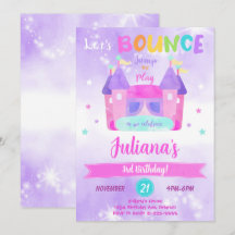 Invitación de cumpleaños para casa de rebote púrpu