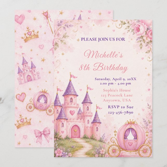 Invitación de cumpleaños para castillo y carruaje  (Anverso / Reverso)