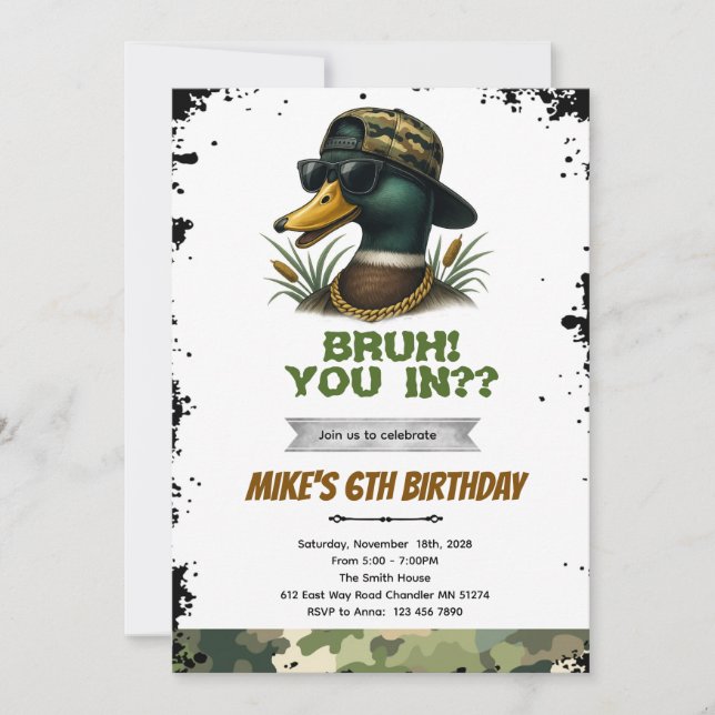 invitación de cumpleaños para cazar patos Bruh (Anverso)