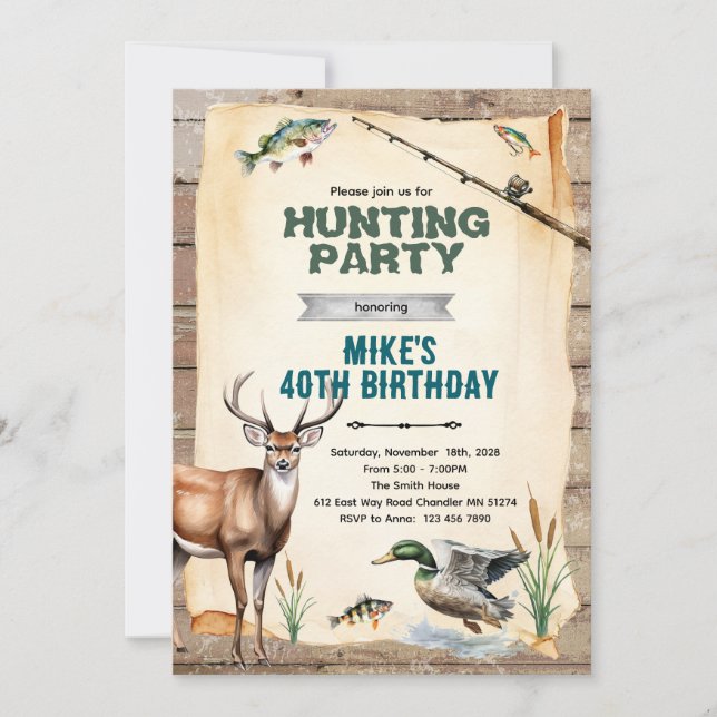 Invitación de cumpleaños para cazar y pescar (Anverso)