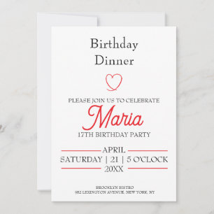 Invitación de cumpleaños para cena con corazón roj