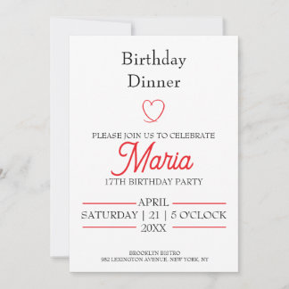 Invitación de cumpleaños para cena con corazón roj
