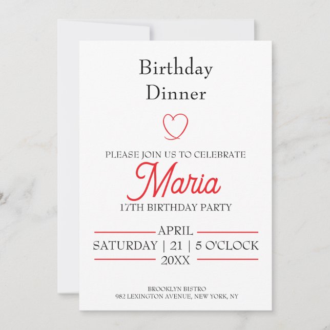 Invitación de cumpleaños para cena con corazón roj (Anverso)