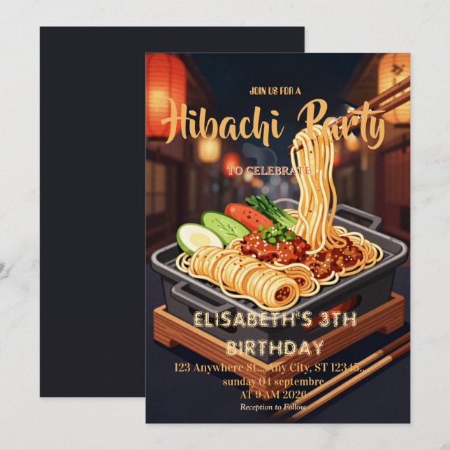 Invitación de cumpleaños para cena de Hibachi japo (Anverso / Reverso)