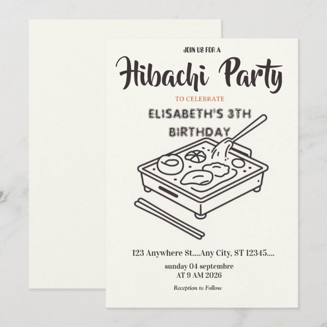 Invitación de cumpleaños para cena de Hibachi japo (Anverso / Reverso)