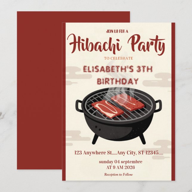 Invitación de cumpleaños para cena de Hibachi japo (Anverso / Reverso)