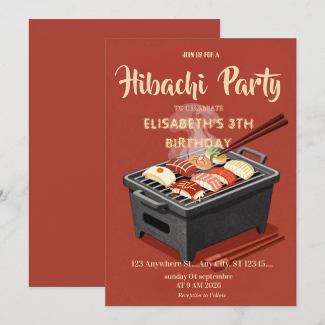 Invitación de cumpleaños para cena de Hibachi japo (Anverso / Reverso)
