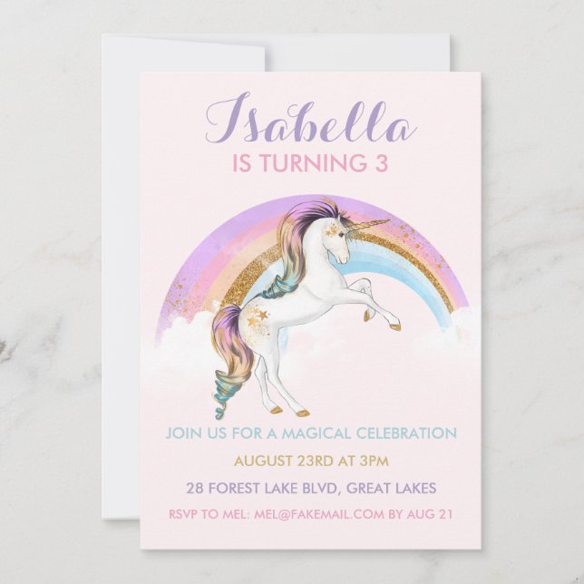 Invitación de cumpleaños para chicas con unicornio (Anverso)
