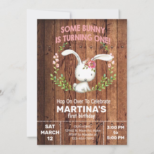 Invitación de cumpleaños para chicas de conejo y l (Anverso)