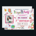 Invitación de cumpleaños para Chicas de Mad Scienc<br><div class="desc">Sorprende a tus invitados con esta colorida invitación a la fiesta de cumpleaños de la ciencia que incluye elementos científicos microscopía gérmenes herramientas de experimentos del globo, puedes agregar la foto de tu hijo y una foto para el fondo. Simplemente agregue los detalles de su evento en esta plantilla fácil...</div>