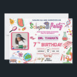 Invitación de cumpleaños para Chicas de Mad Scienc<br><div class="desc">Sorprende a tus invitados con esta colorida invitación a la fiesta de cumpleaños de la ciencia que incluye elementos científicos microscopía gérmenes herramientas de experimentos del globo, puedes agregar la foto de tu hijo y una foto para el fondo. Simplemente agregue los detalles de su evento en esta plantilla fácil...</div>