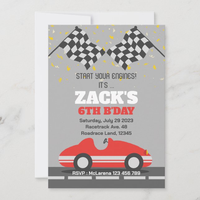 Invitación de cumpleaños para coches de raza roja (Anverso)