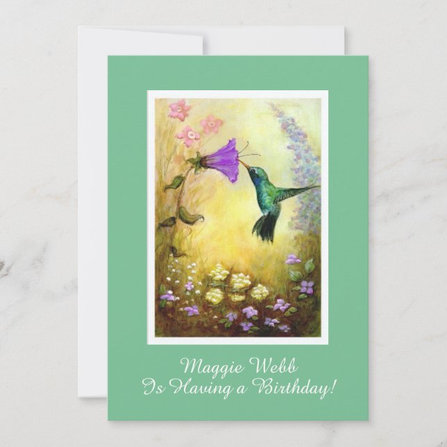 Invitación de cumpleaños para colibrí (Verde) (Anverso)