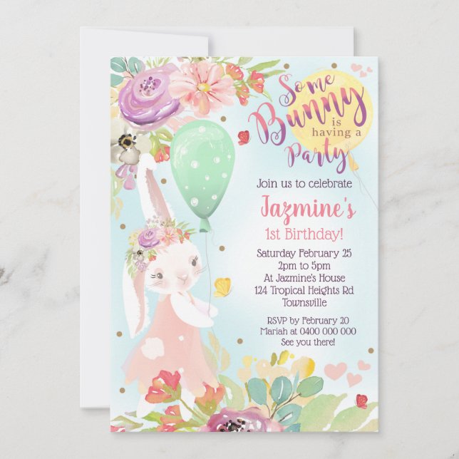 Invitación de cumpleaños para conejito floral Invi (Anverso)