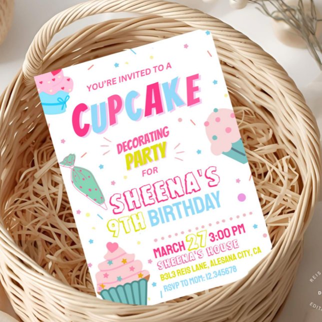 Invitación de cumpleaños para decorar pasteles  (Kids Cupcake Party Decorating Birthday Invitation)